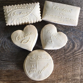 Comunión/Confirmación Springerle varias formas con símbolo, nombre y fecha